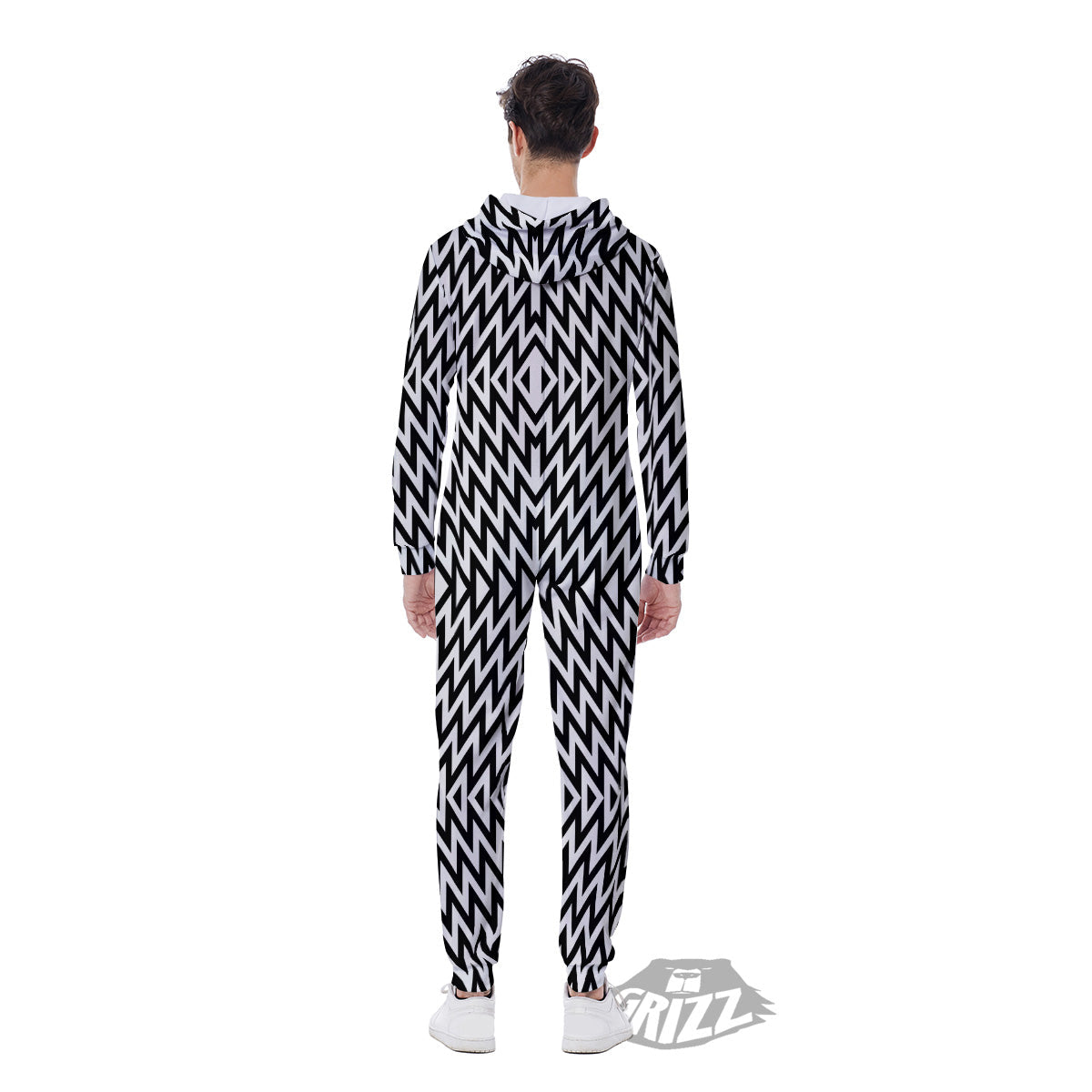 Zigzag Lines Black Print Pattern Men's Jumpsuit-grizzshop