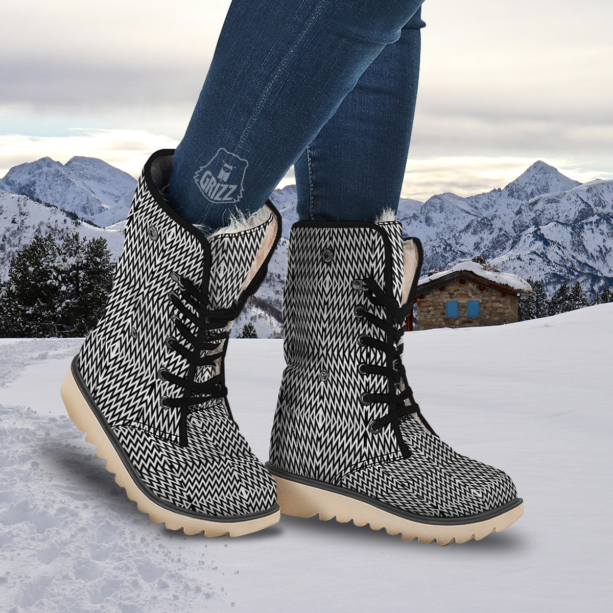 Zigzag Lines Black Print Pattern Snow Boots-grizzshop