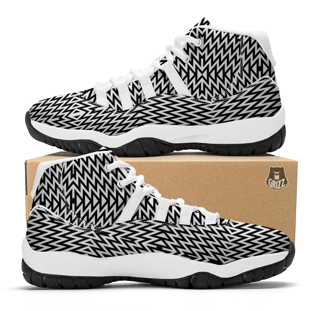 Zigzag Lines Black Print Pattern White Bball Shoes-grizzshop