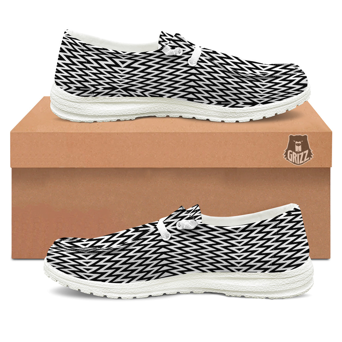Zigzag Lines Black Print Pattern White Loafers-grizzshop
