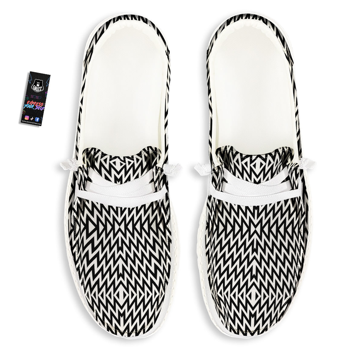 Zigzag Lines Black Print Pattern White Loafers-grizzshop