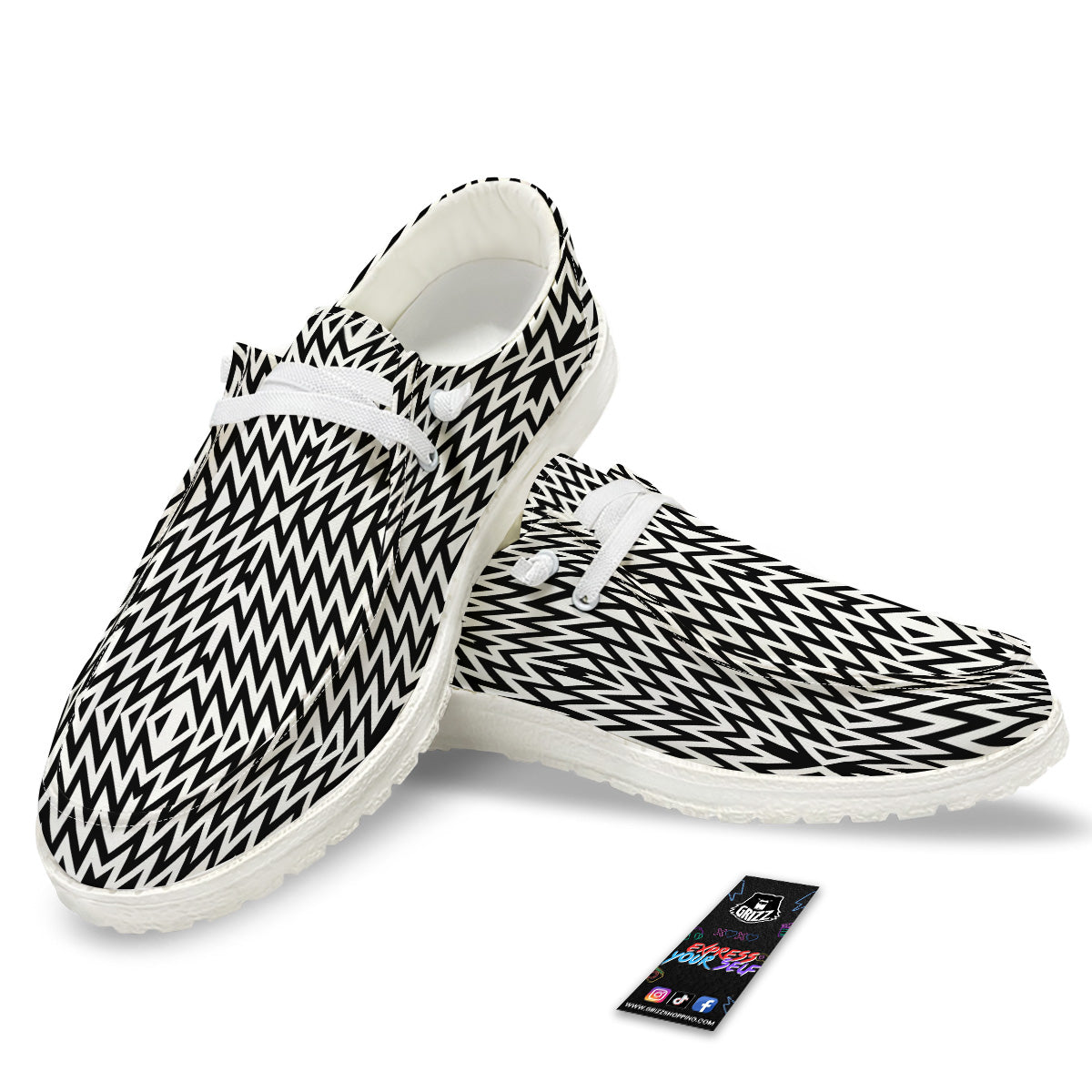 Zigzag Lines Black Print Pattern White Loafers-grizzshop