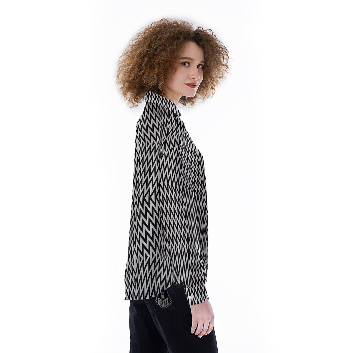 Zigzag Lines Black Print Pattern Women's Long Sleeve Shirts-grizzshop