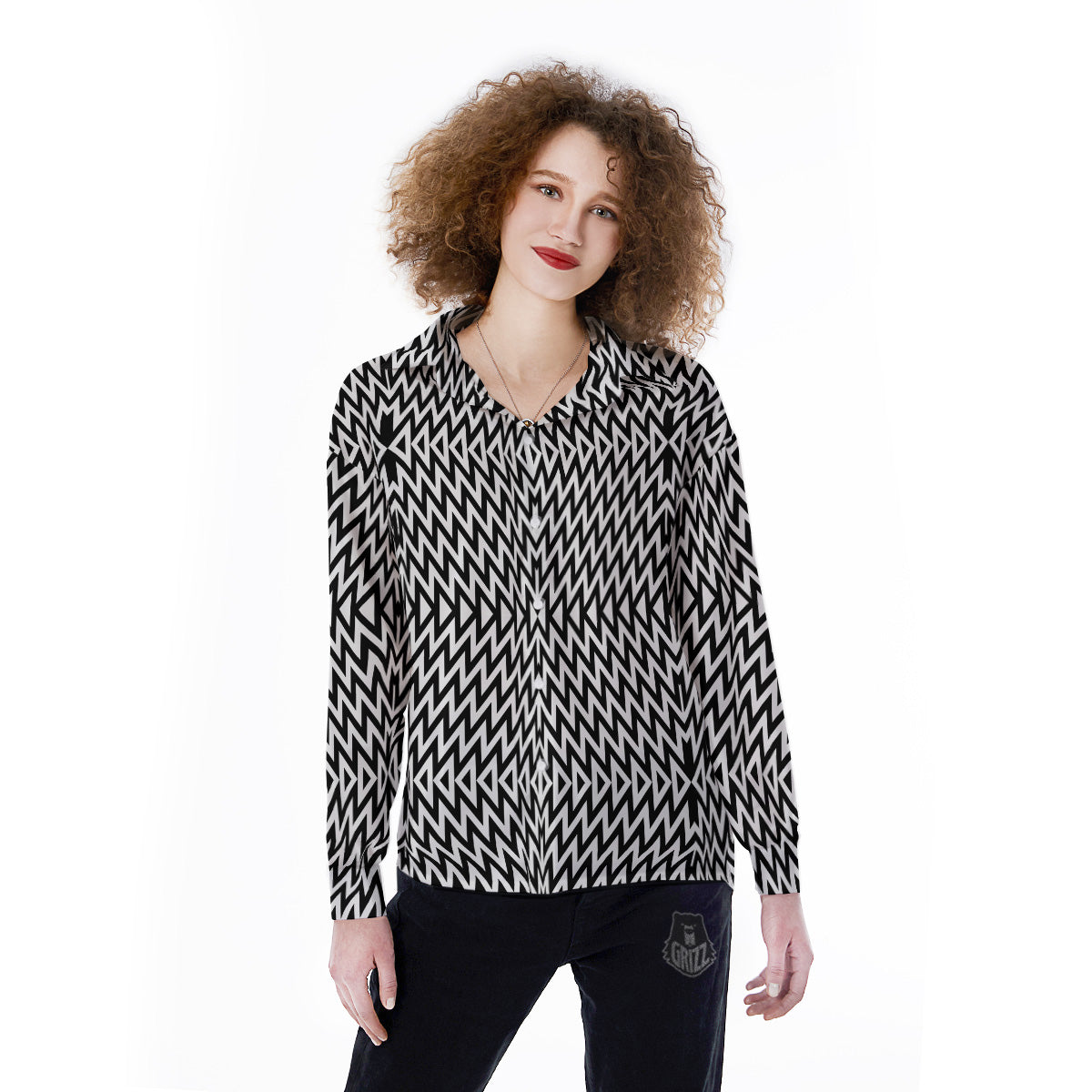 Zigzag Lines Black Print Pattern Women's Long Sleeve Shirts-grizzshop