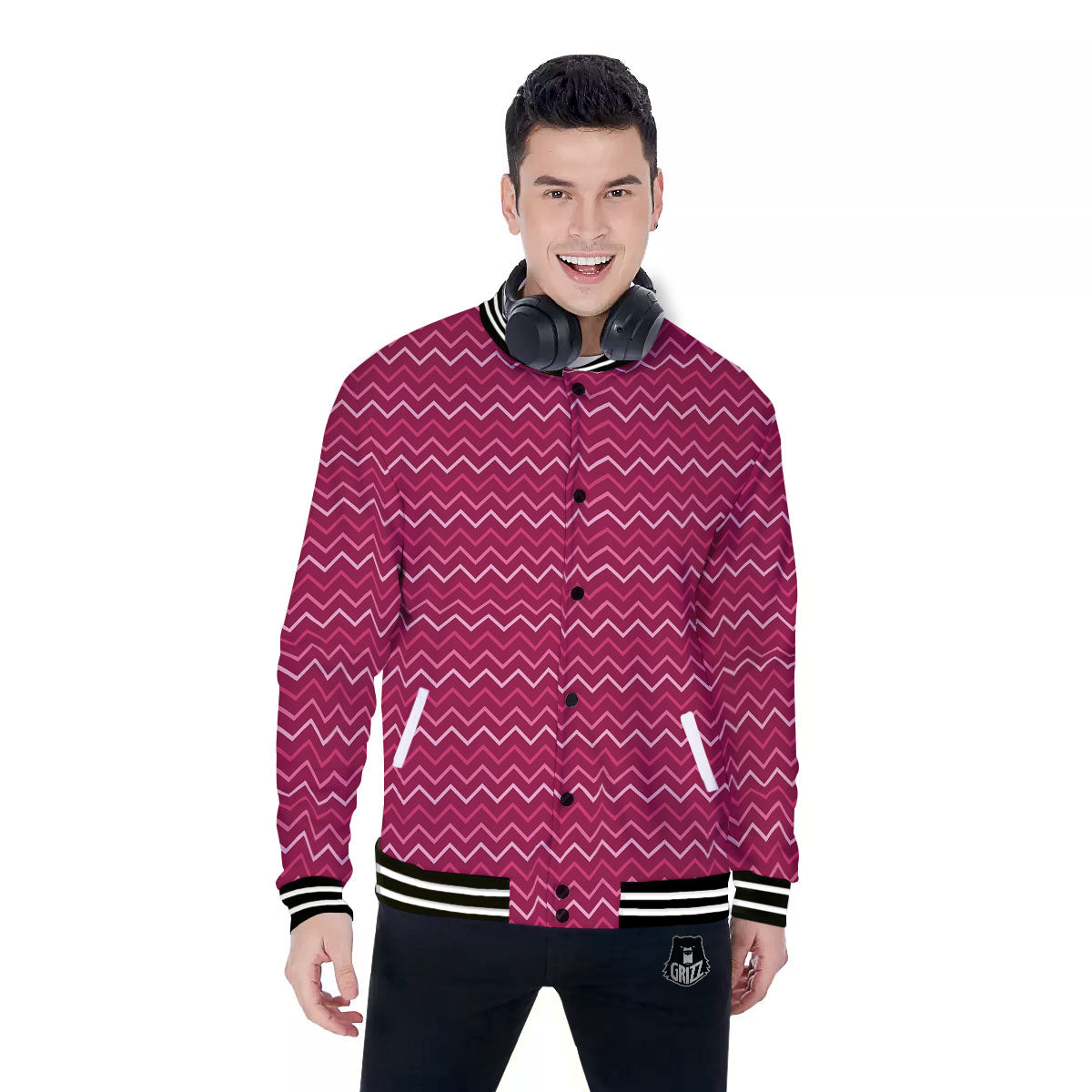Zigzag Magenta Pink Print Pattern Baseball Jacket-grizzshop