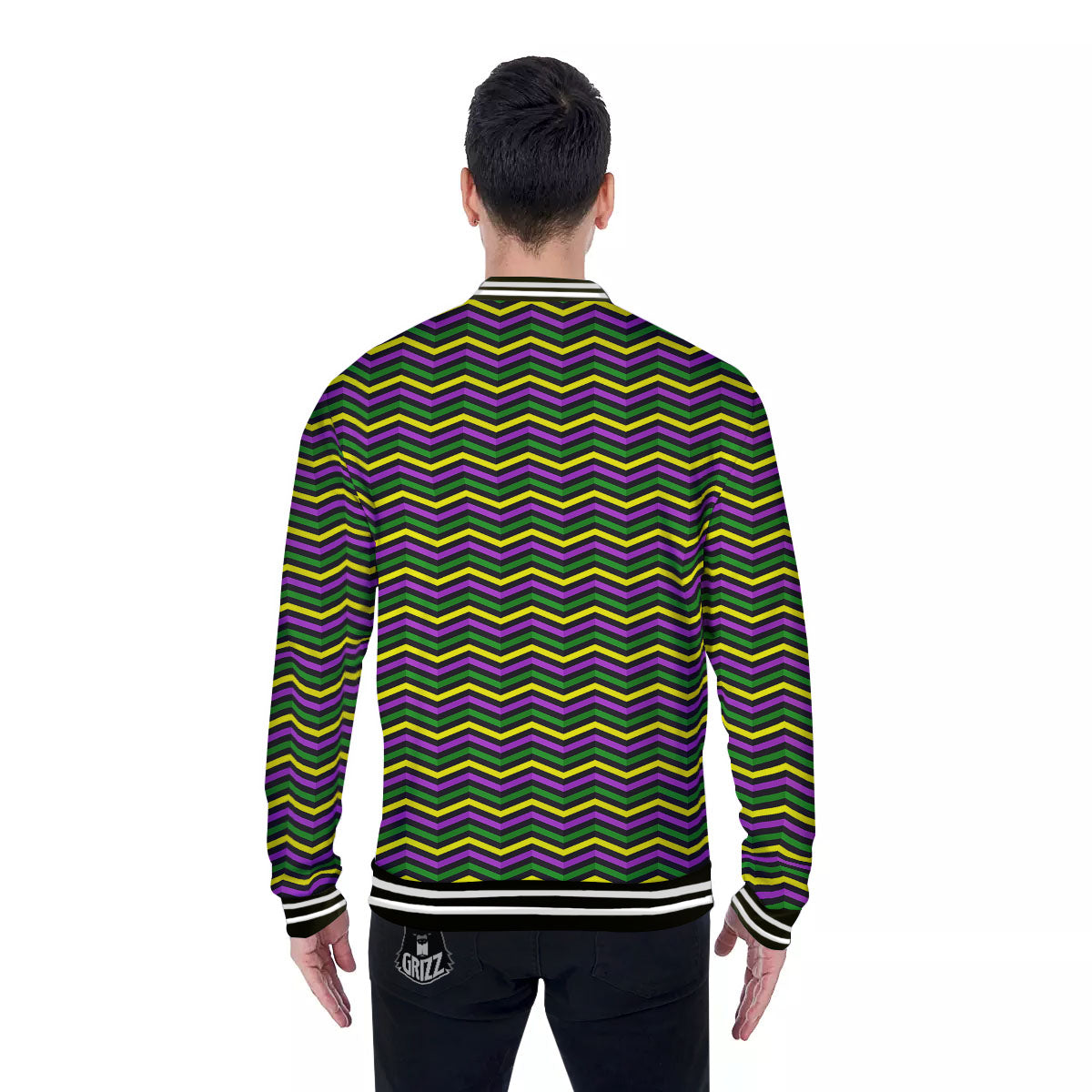 Zigzag Mardi Gras Print Pattern Baseball Jacket-grizzshop