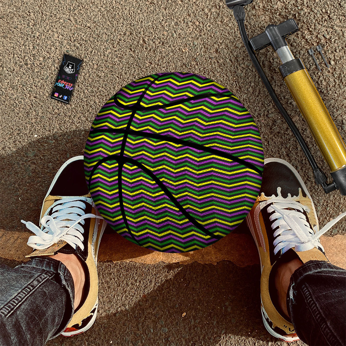 Zigzag Mardi Gras Print Pattern Basketball-grizzshop