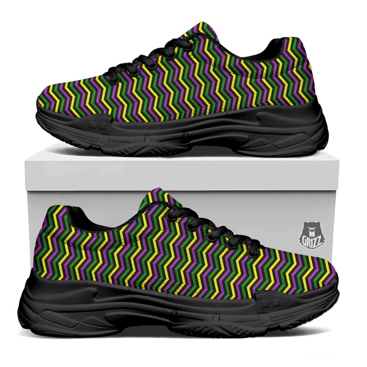 Zigzag Mardi Gras Print Pattern Black Chunky Shoes-grizzshop
