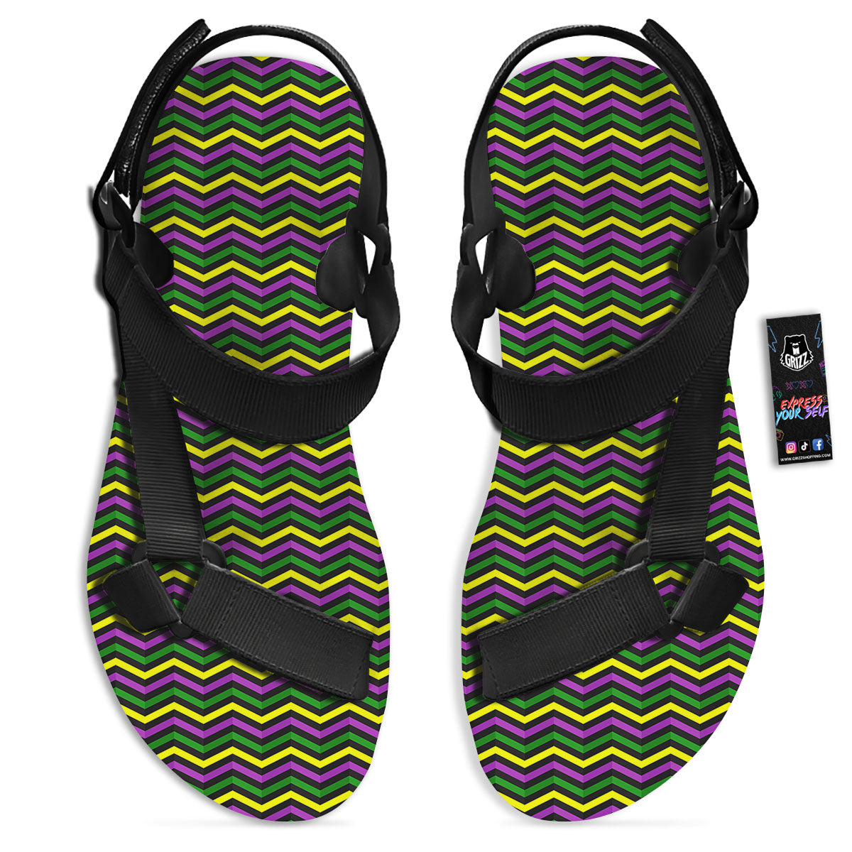 Zigzag Mardi Gras Print Pattern Black Open Toe Sandals-grizzshop
