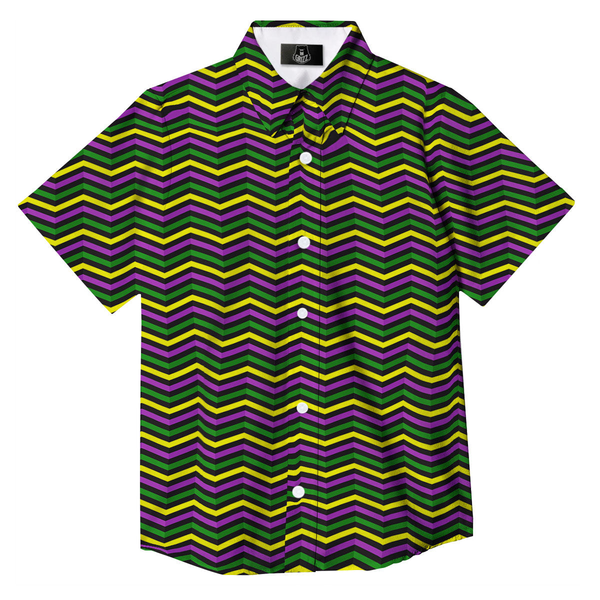 Zigzag Mardi Gras Print Pattern Button Up Shirt-grizzshop