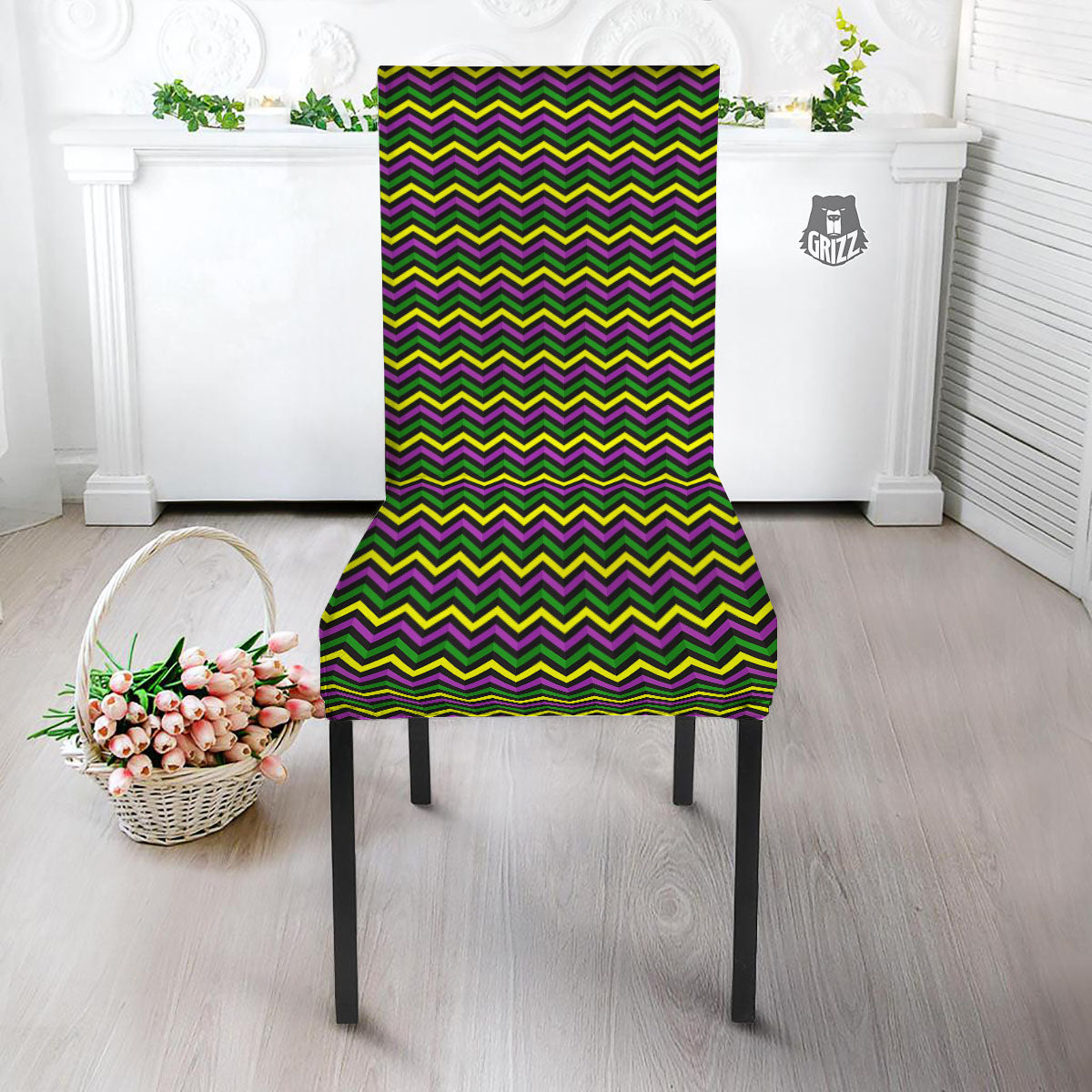 Zigzag Mardi Gras Print Pattern Dining Chair Slipcover-grizzshop