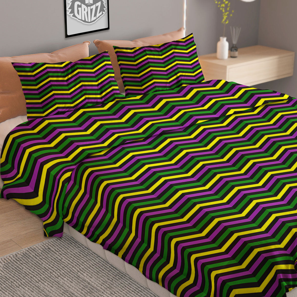 Zigzag Mardi Gras Print Pattern Duvet Cover Bedding Set