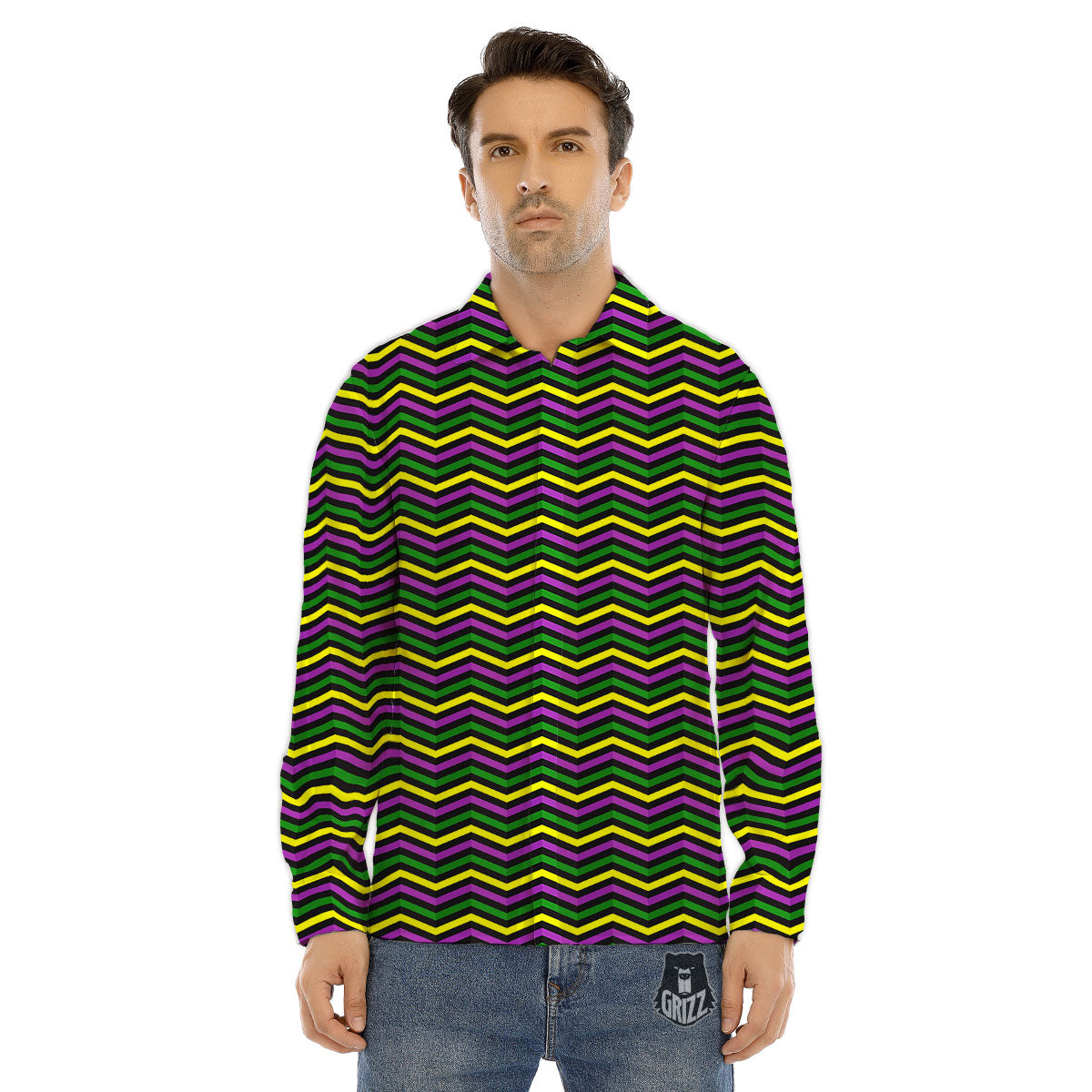 Zigzag Mardi Gras Print Pattern Men's Dress Shirts-grizzshop