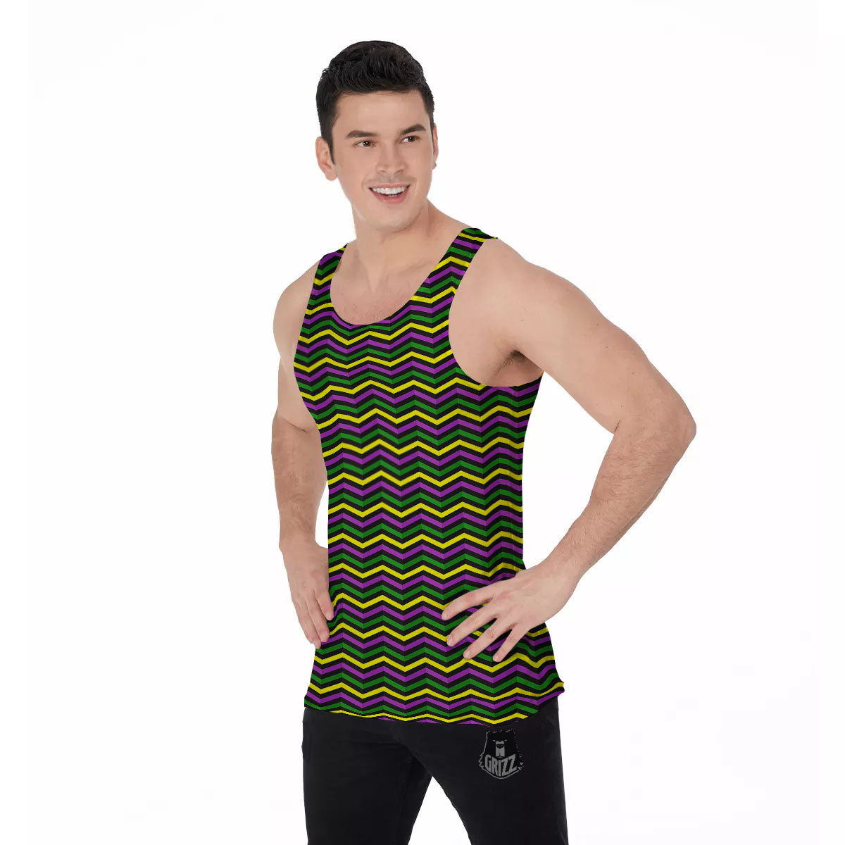 Zigzag Mardi Gras Print Pattern Men's Tank Top-grizzshop