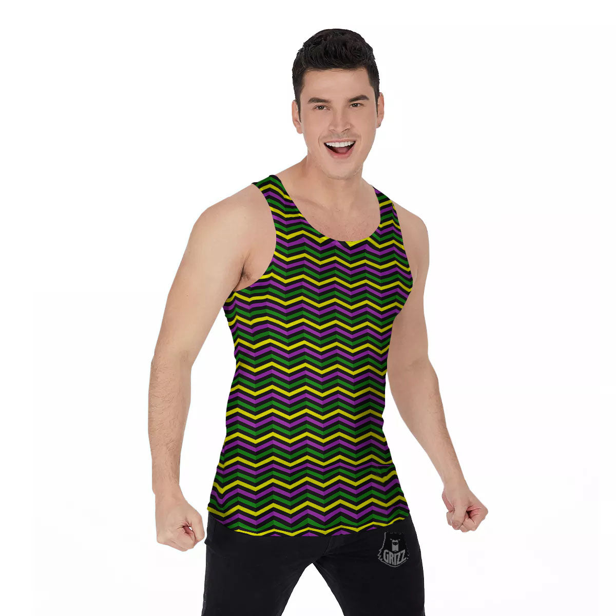 Zigzag Mardi Gras Print Pattern Men's Tank Top-grizzshop