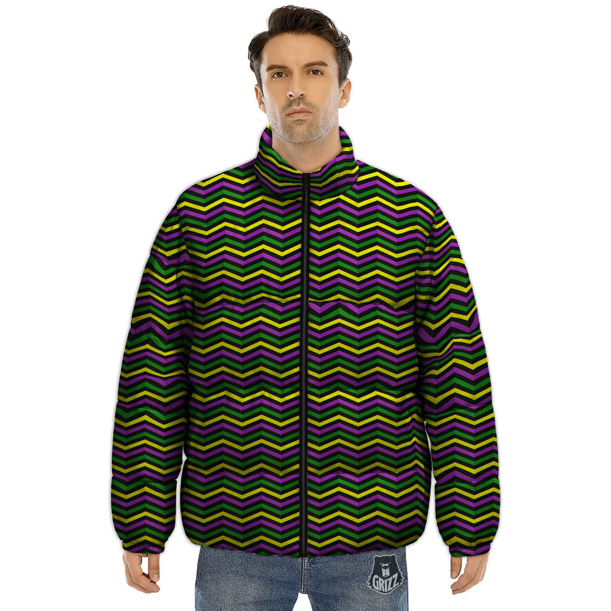 Zigzag Mardi Gras Print Pattern Puffer Jacket-grizzshop