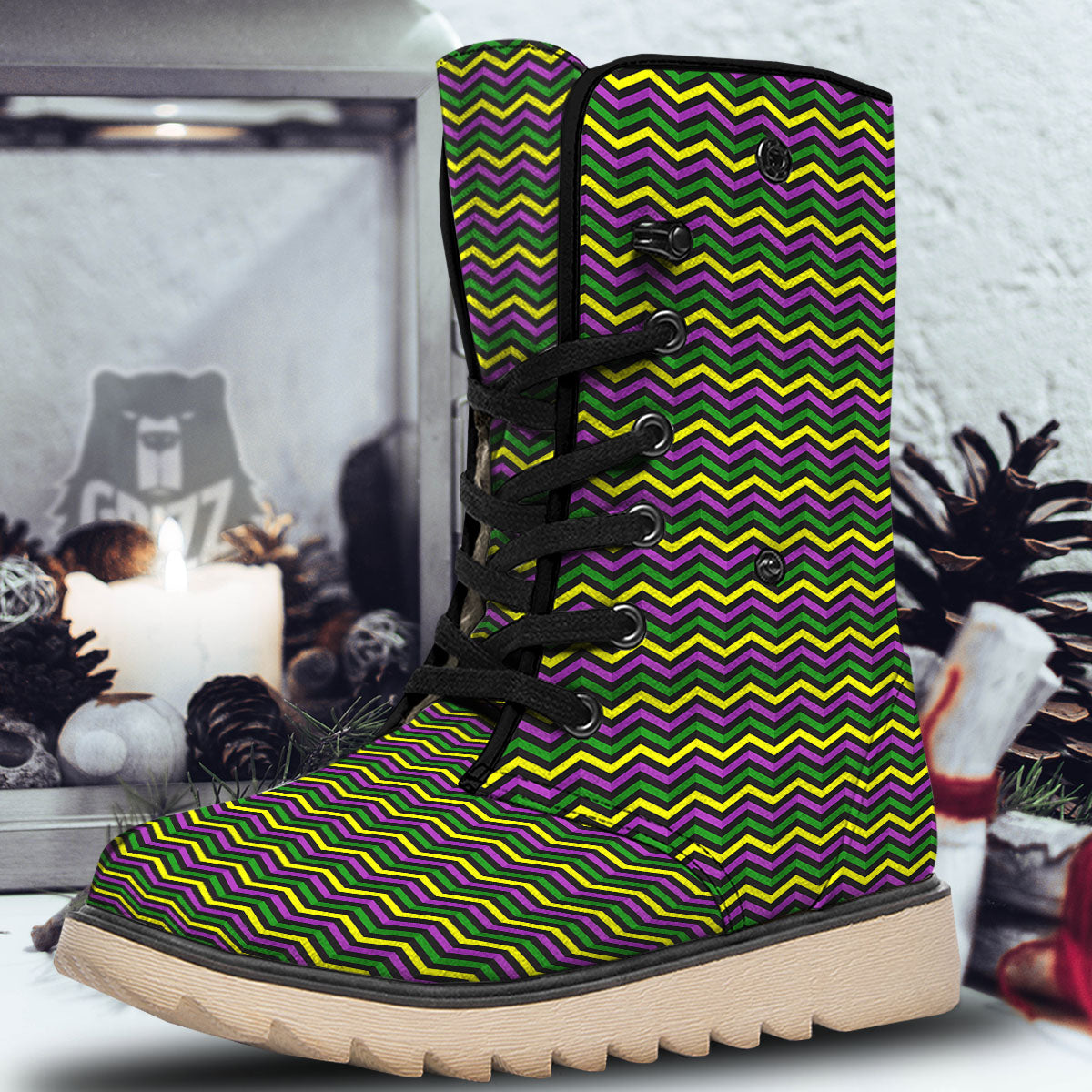 Zigzag Mardi Gras Print Pattern Snow Boots-grizzshop
