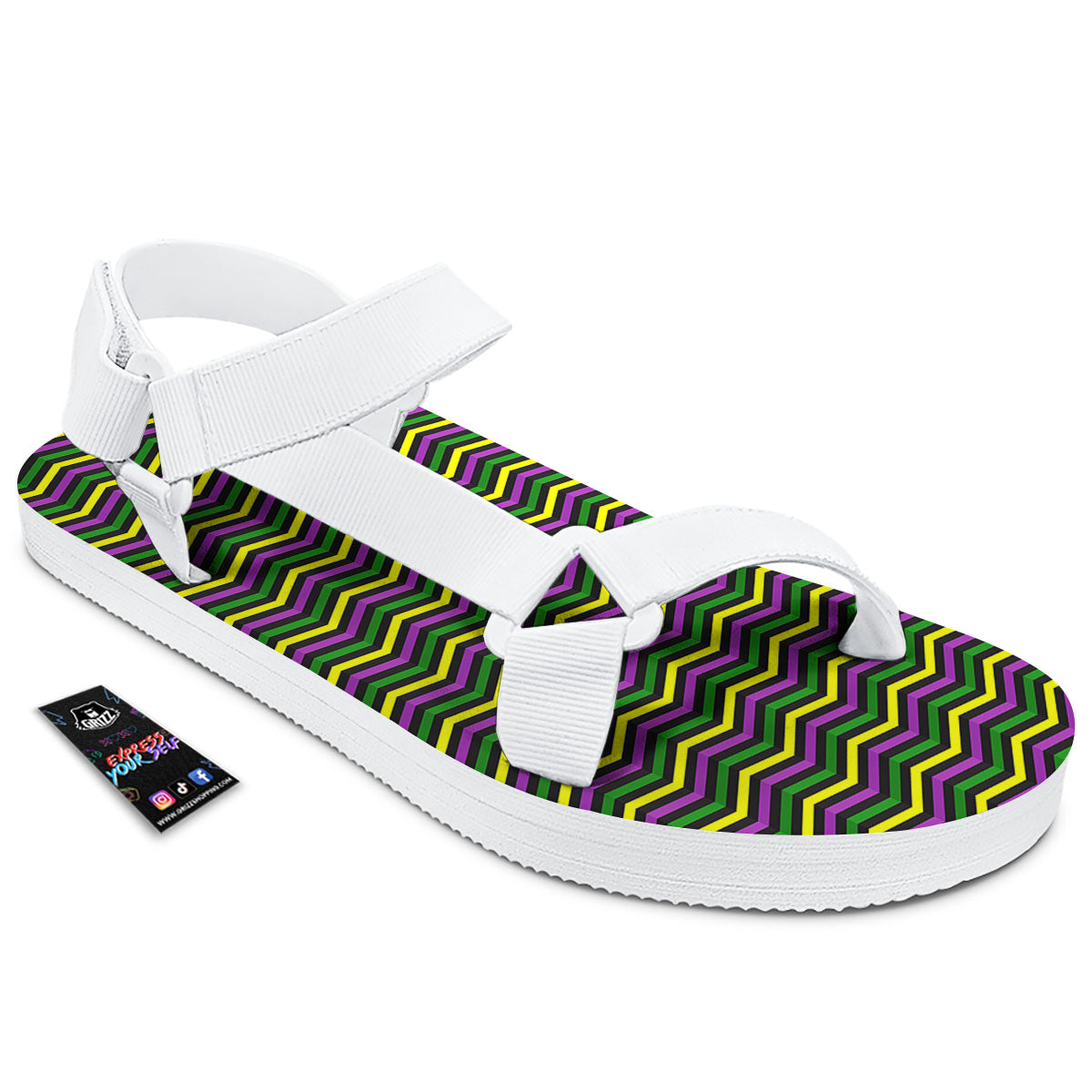 Zigzag Mardi Gras Print Pattern White Open Toe Sandals-grizzshop