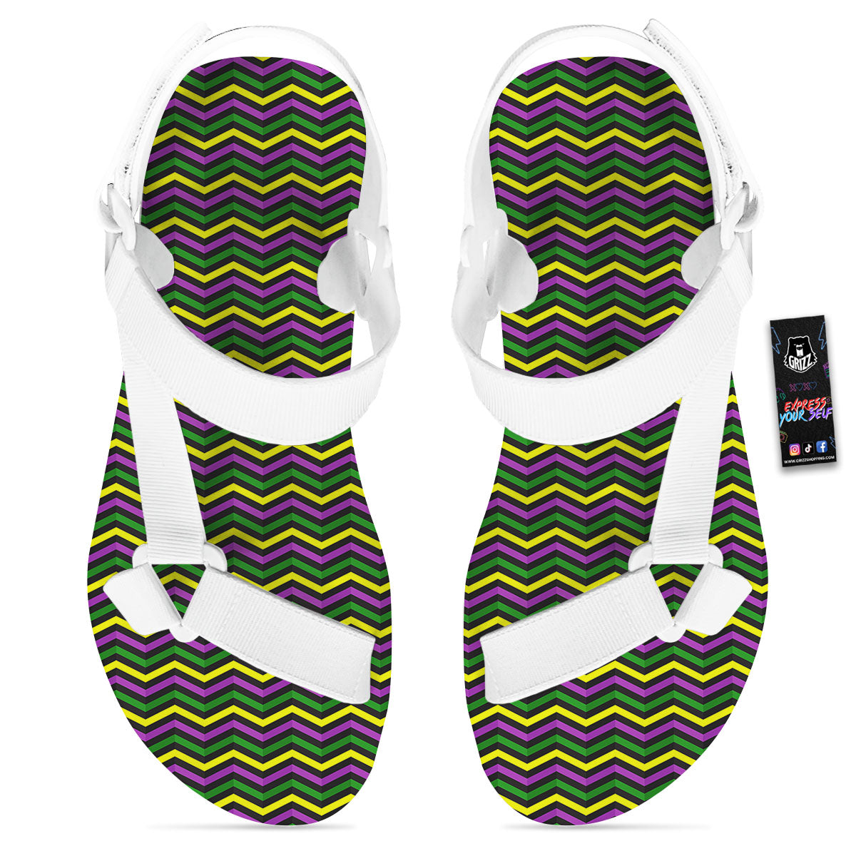 Zigzag Mardi Gras Print Pattern White Open Toe Sandals-grizzshop