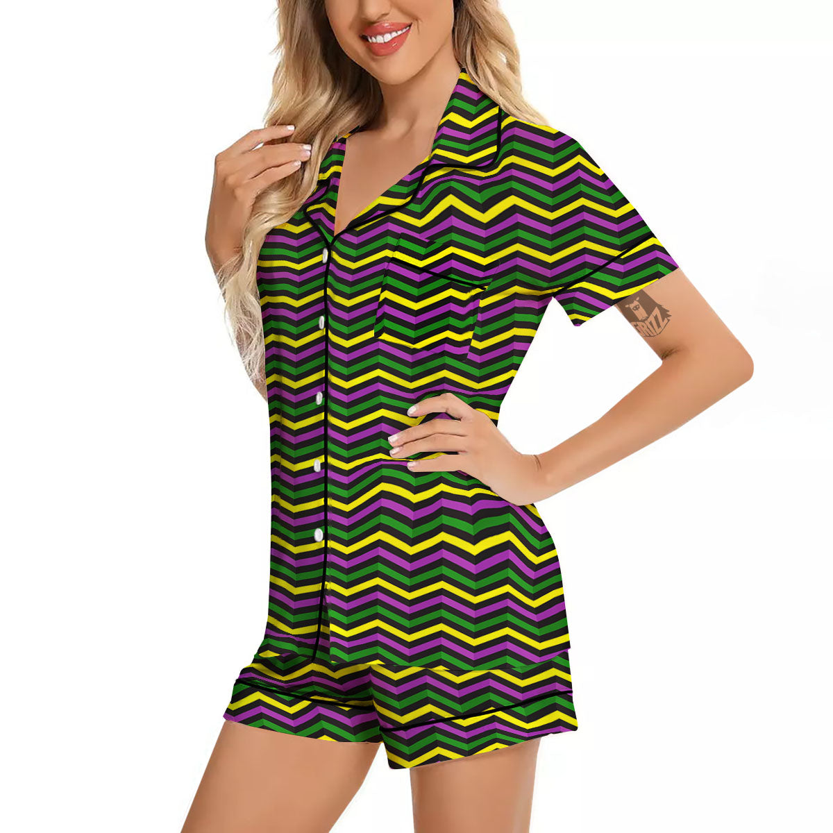 Zigzag Mardi Gras Print Pattern Women Silk Pajamas-grizzshop