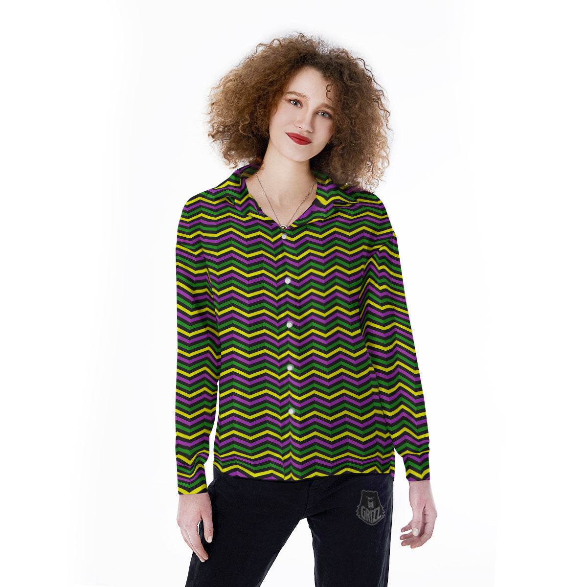 Zigzag Mardi Gras Print Pattern Women's Long Sleeve Shirts-grizzshop