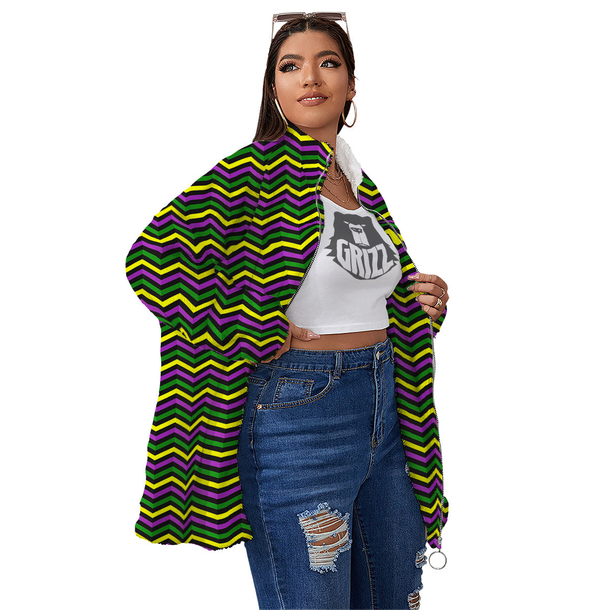 Zigzag Mardi Gras Print Pattern Women's Sherpa Jacket-grizzshop