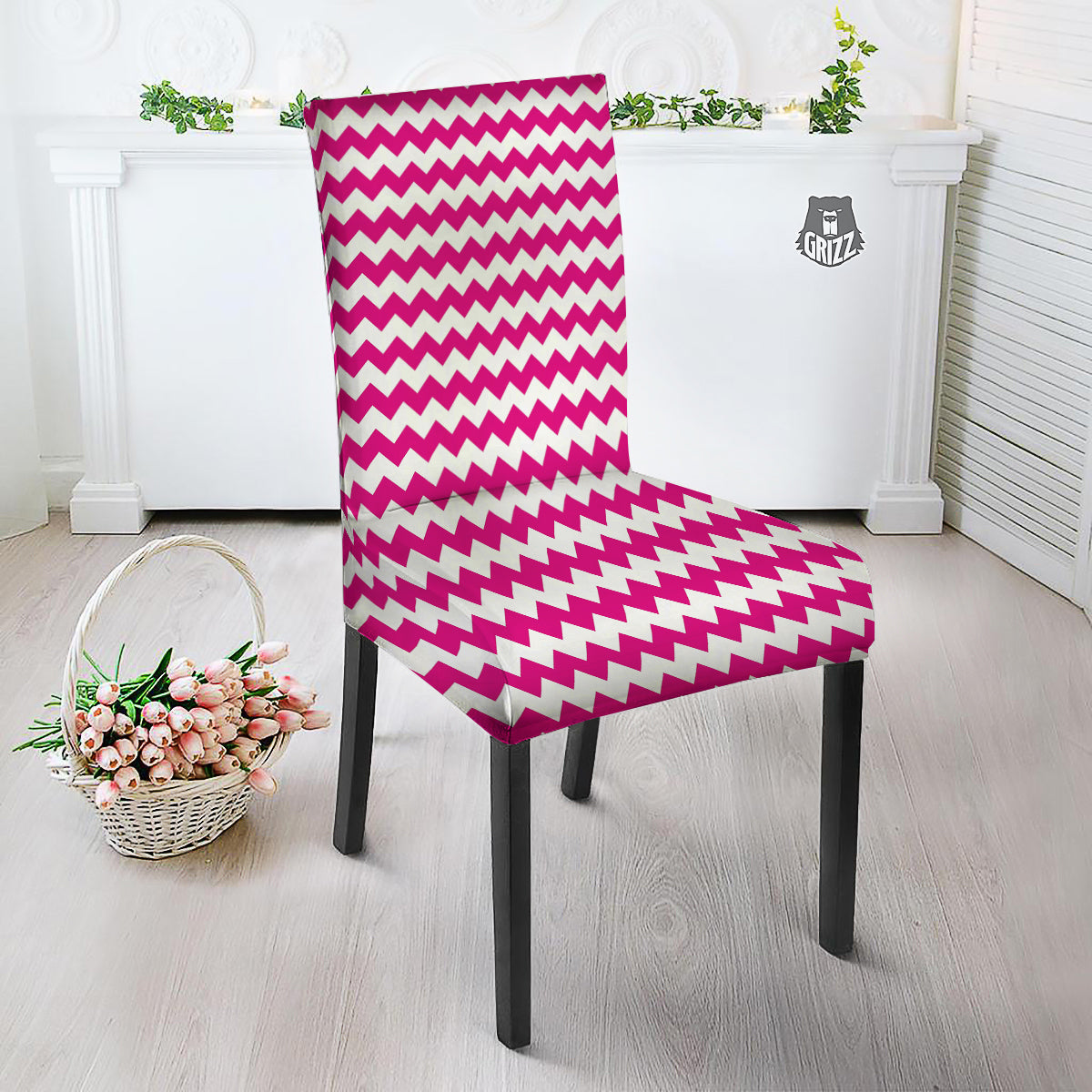 Zigzag Pink And White Print Pattern Dining Chair Slipcover-grizzshop