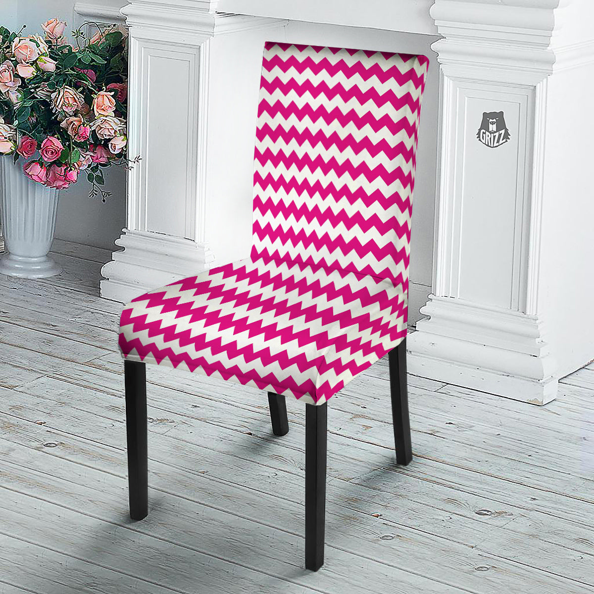 Zigzag Pink And White Print Pattern Dining Chair Slipcover-grizzshop