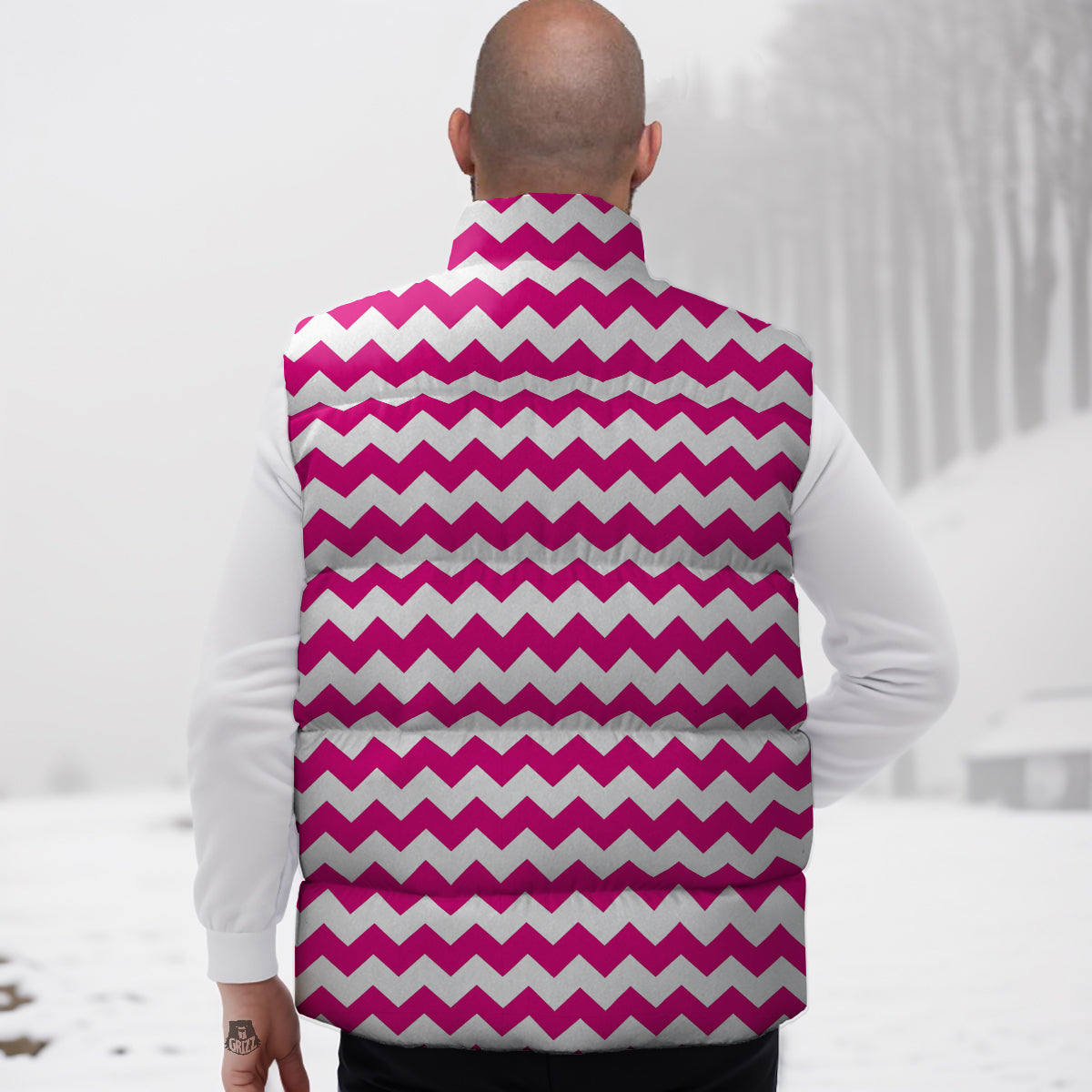 Zigzag Pink And White Print Pattern Down Vest-grizzshop