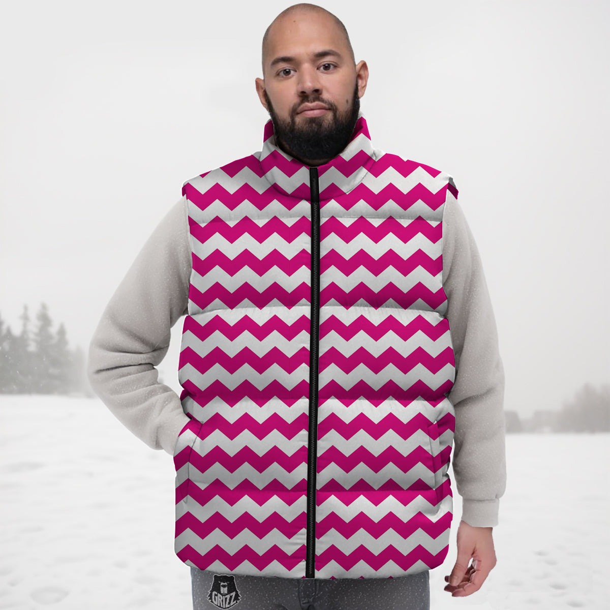 Zigzag Pink And White Print Pattern Down Vest-grizzshop