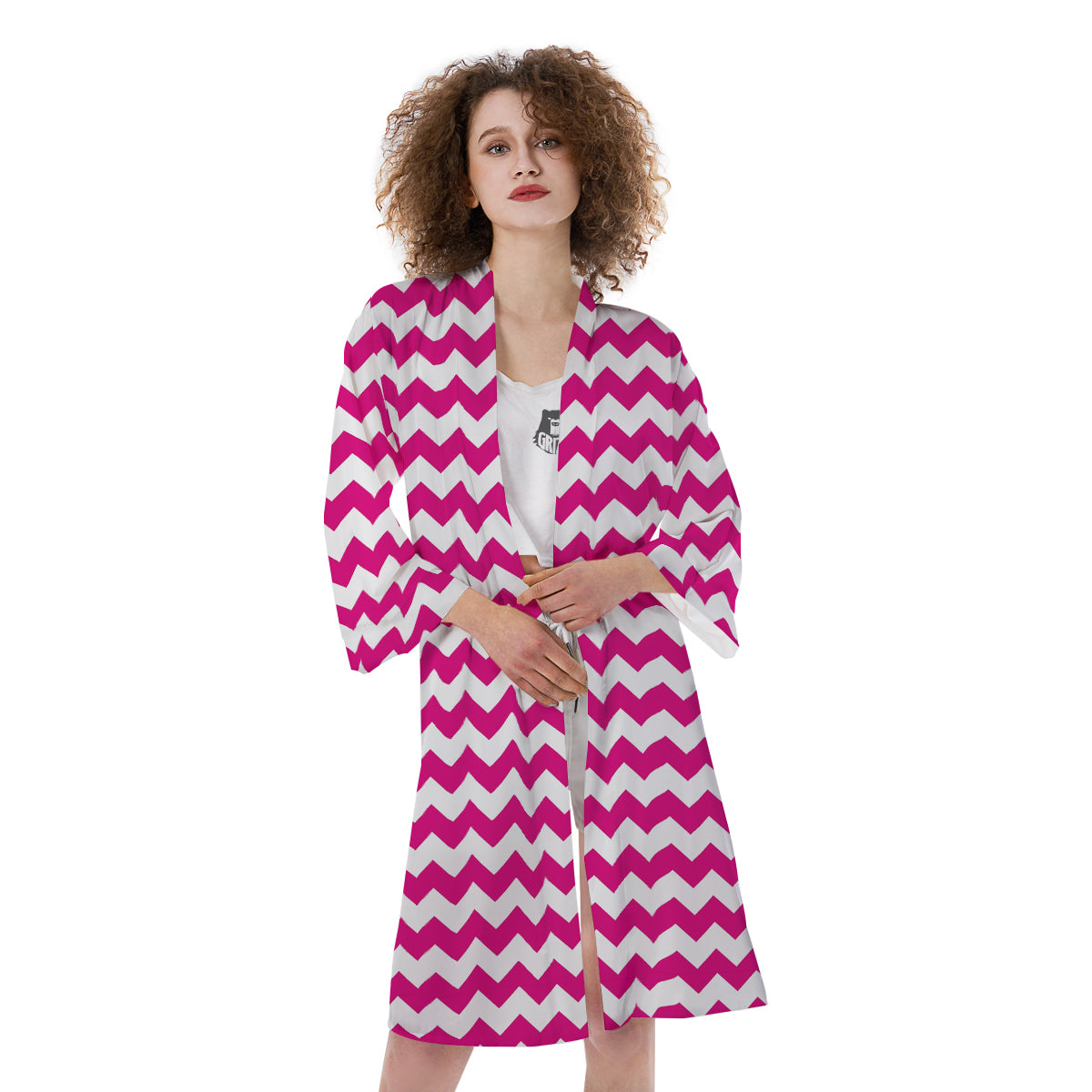 Zigzag Pink And White Print Pattern Kimono-grizzshop