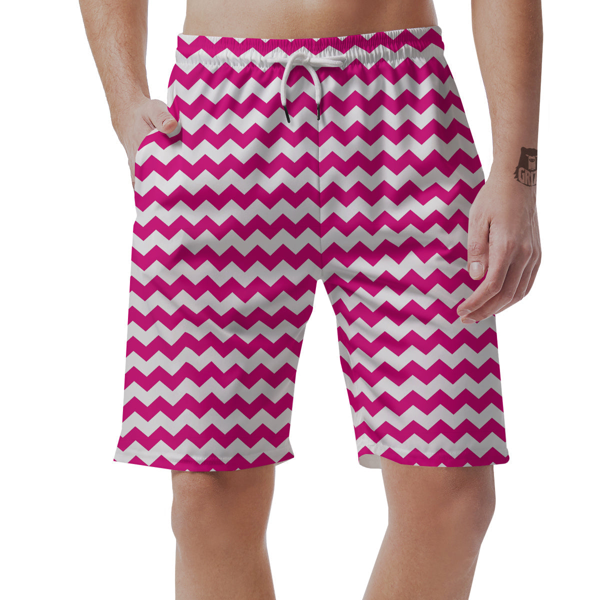 Zigzag Pink And White Print Pattern Men's Shorts-grizzshop