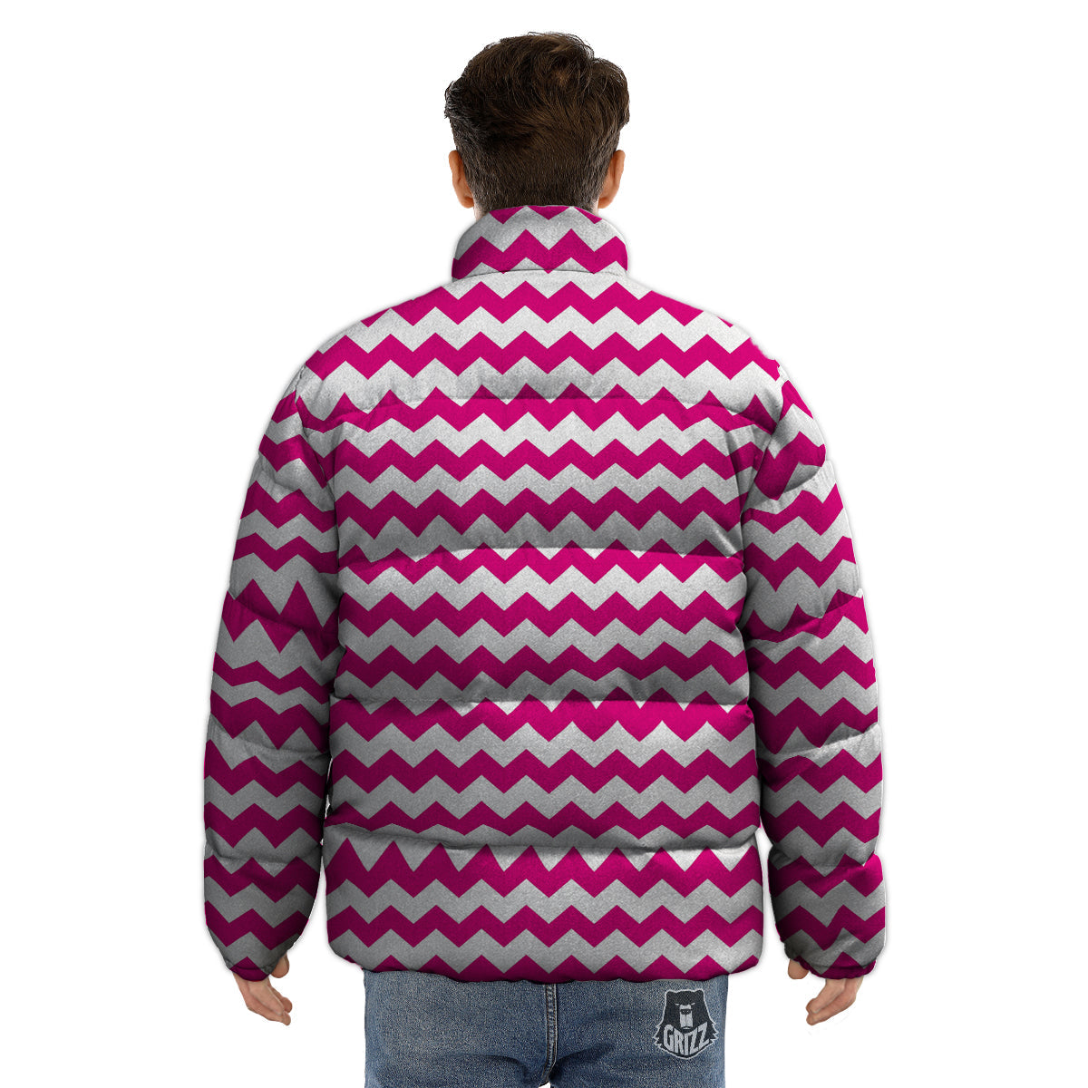 Zigzag Pink And White Print Pattern Puffer Jacket-grizzshop