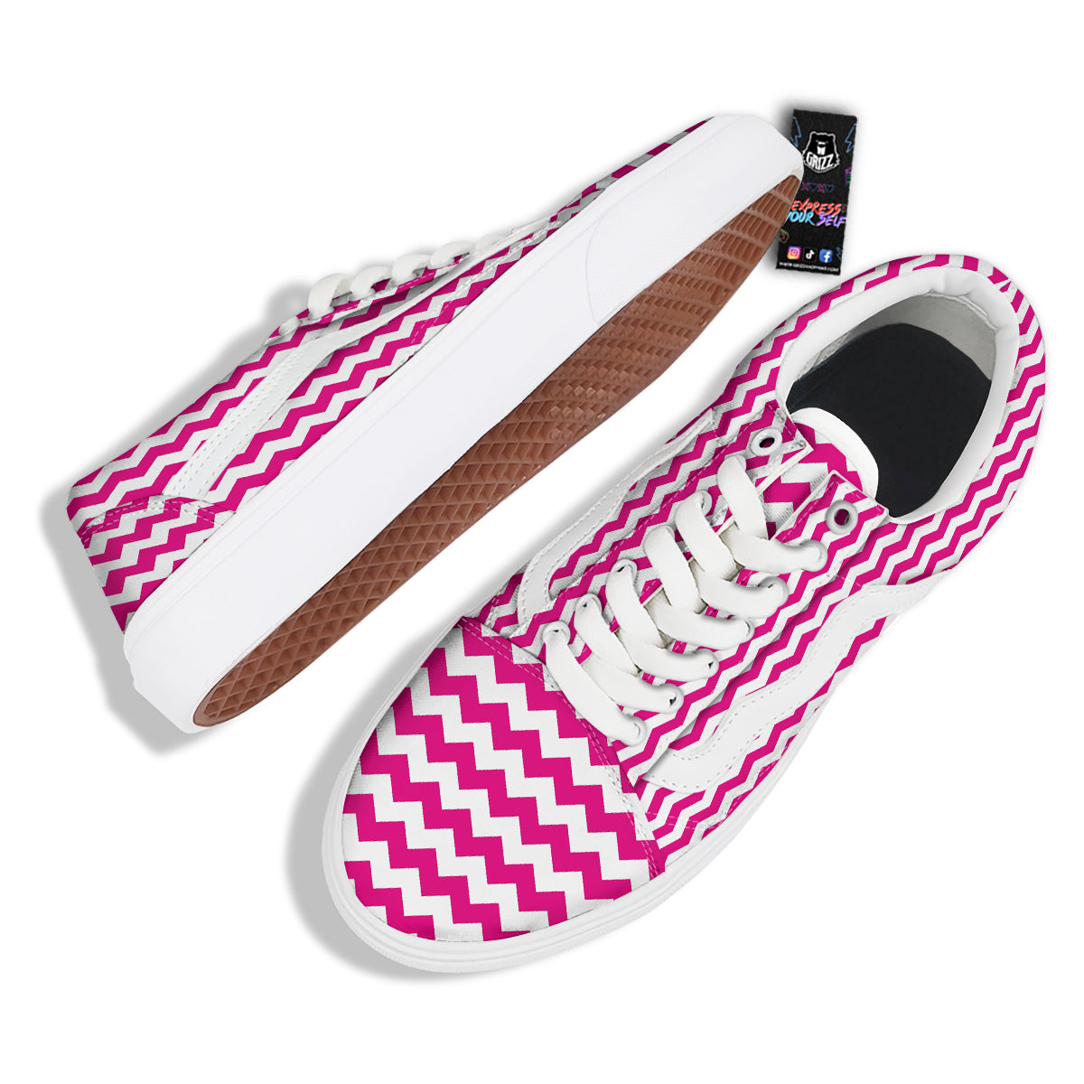 Zigzag Pink And White Print Pattern Skate Shoes-grizzshop