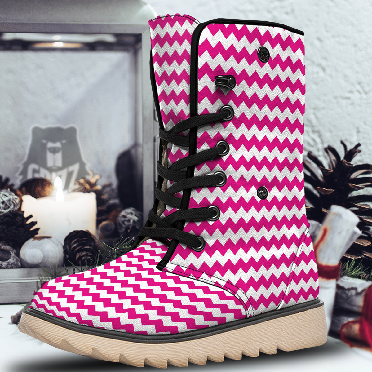 Zigzag Pink And White Print Pattern Snow Boots-grizzshop