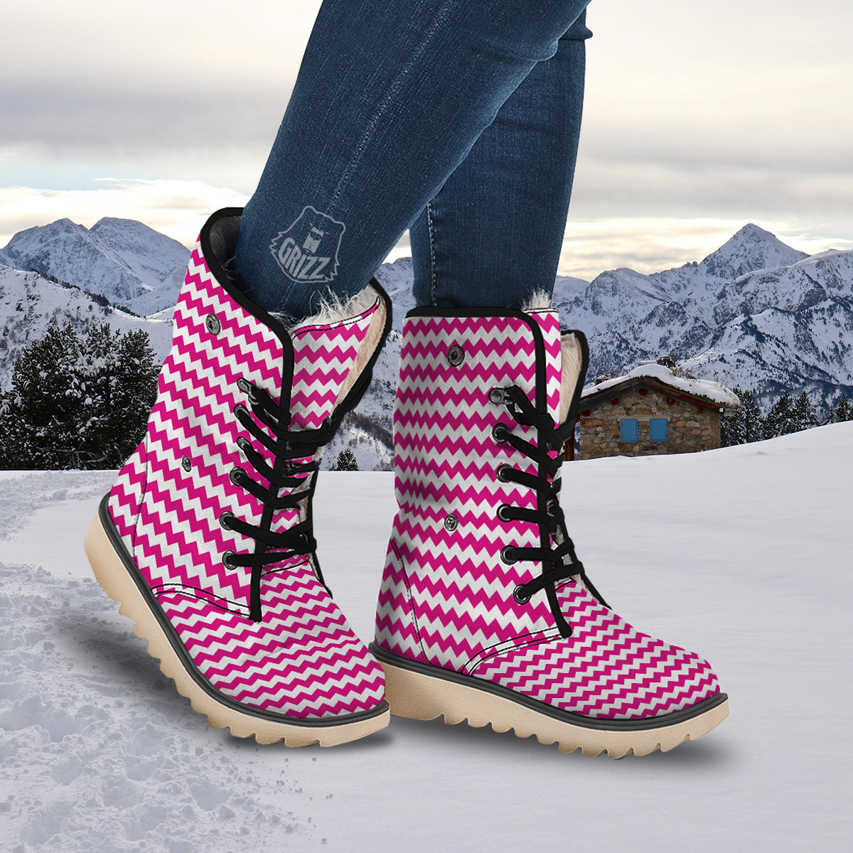 Zigzag Pink And White Print Pattern Snow Boots-grizzshop