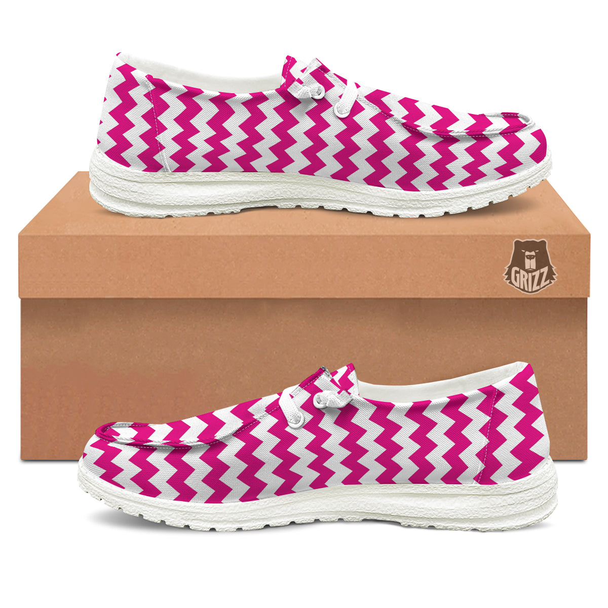 Zigzag Pink And White Print Pattern White Loafers-grizzshop