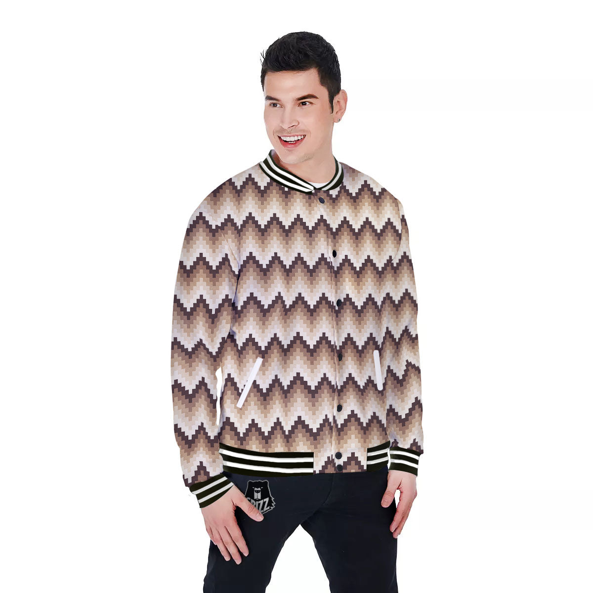 Zigzag Pixel Print Pattern Baseball Jacket-grizzshop