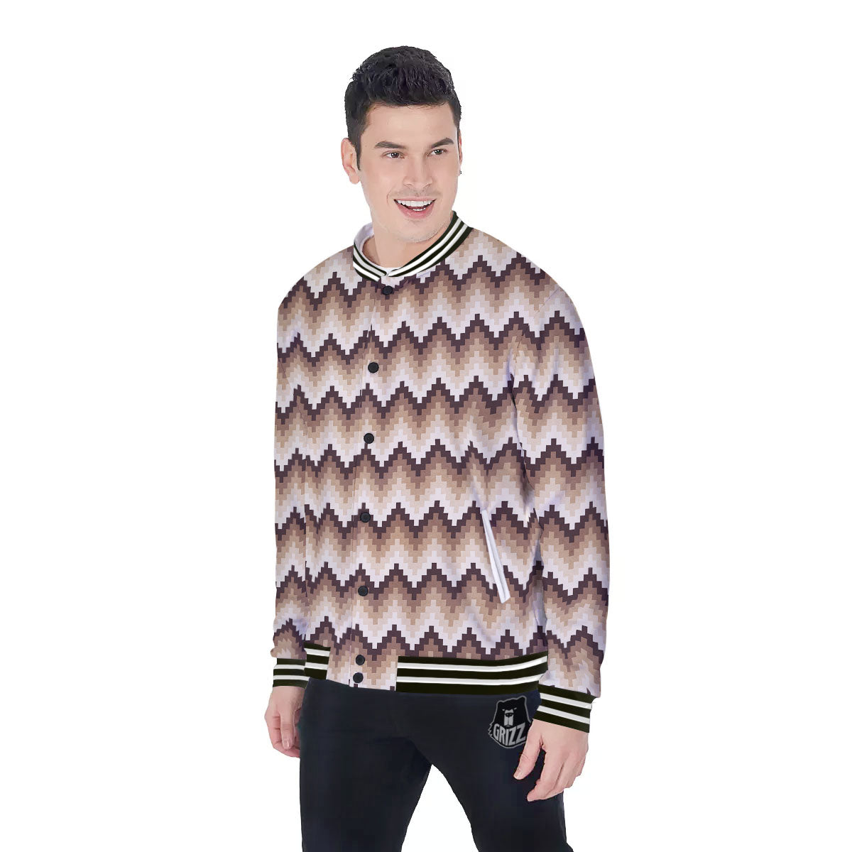 Zigzag Pixel Print Pattern Baseball Jacket-grizzshop