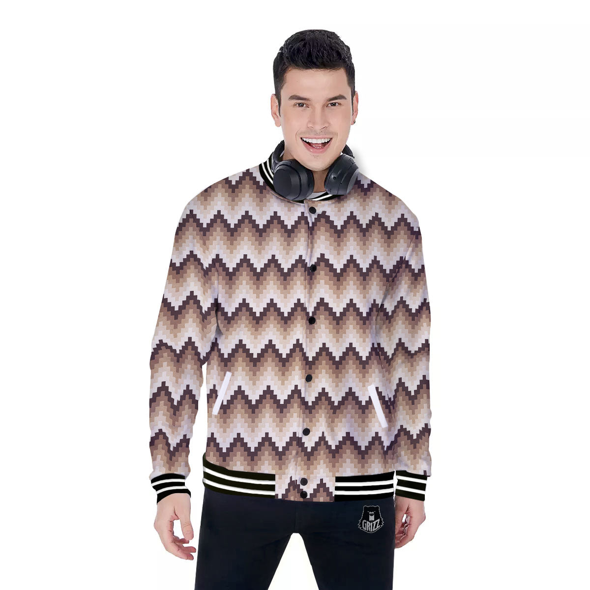 Zigzag Pixel Print Pattern Baseball Jacket-grizzshop