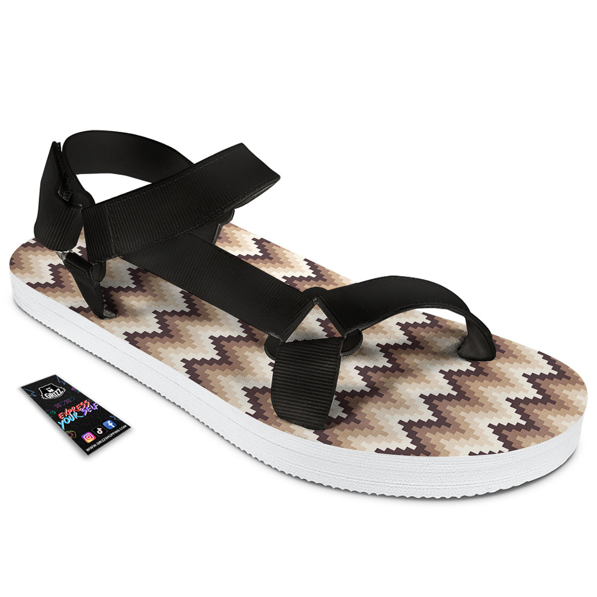 Zigzag Pixel Print Pattern Black Open Toe Sandals-grizzshop