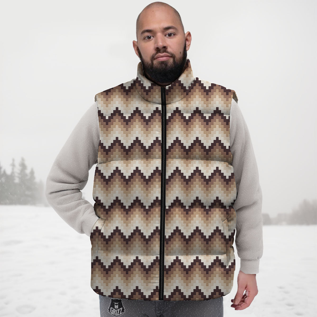 Zigzag Pixel Print Pattern Down Vest-grizzshop