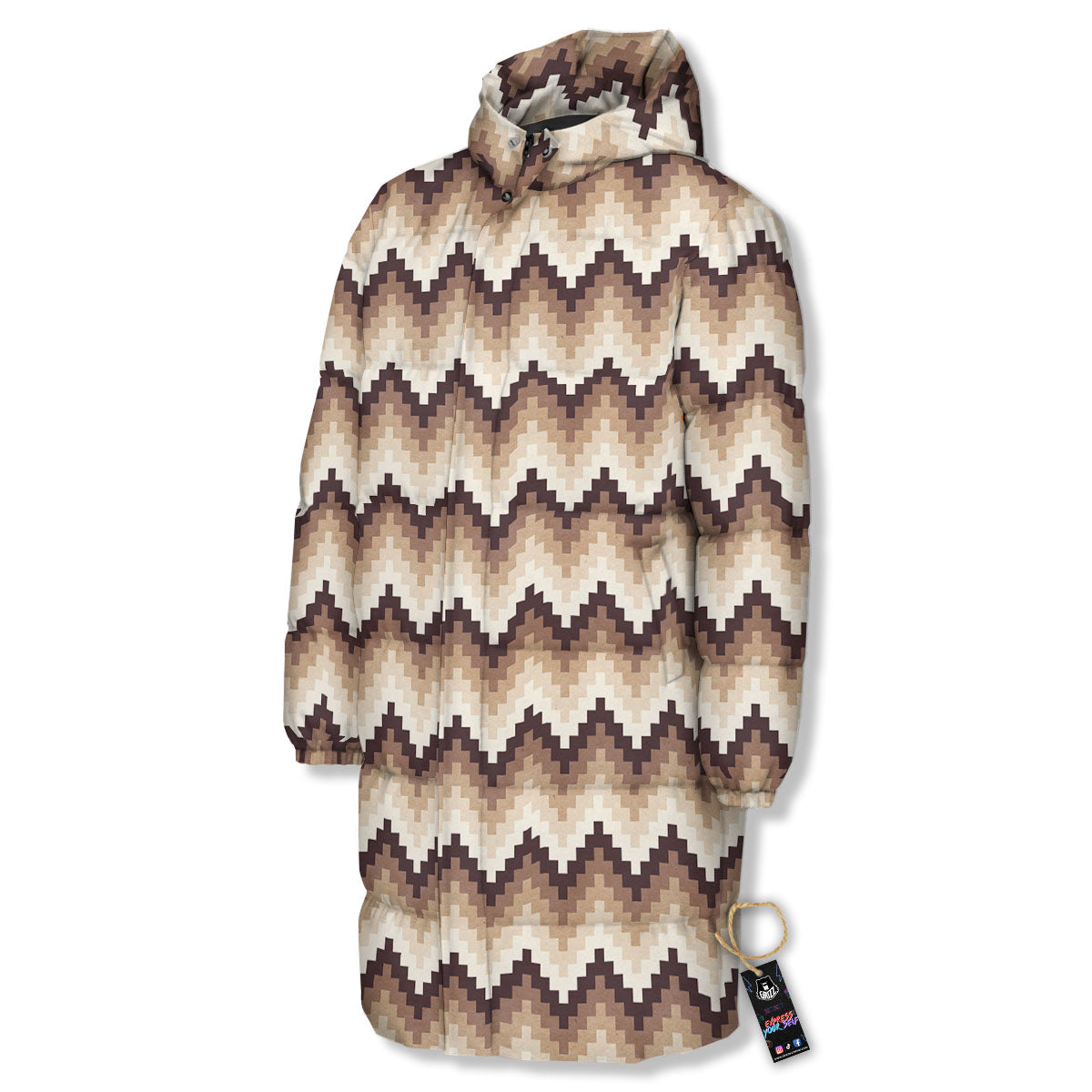 Zigzag Pixel Print Pattern Long Down Jacket-grizzshop