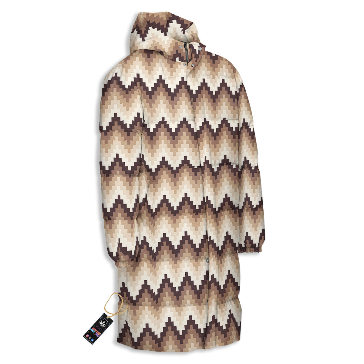 Zigzag Pixel Print Pattern Long Down Jacket-grizzshop