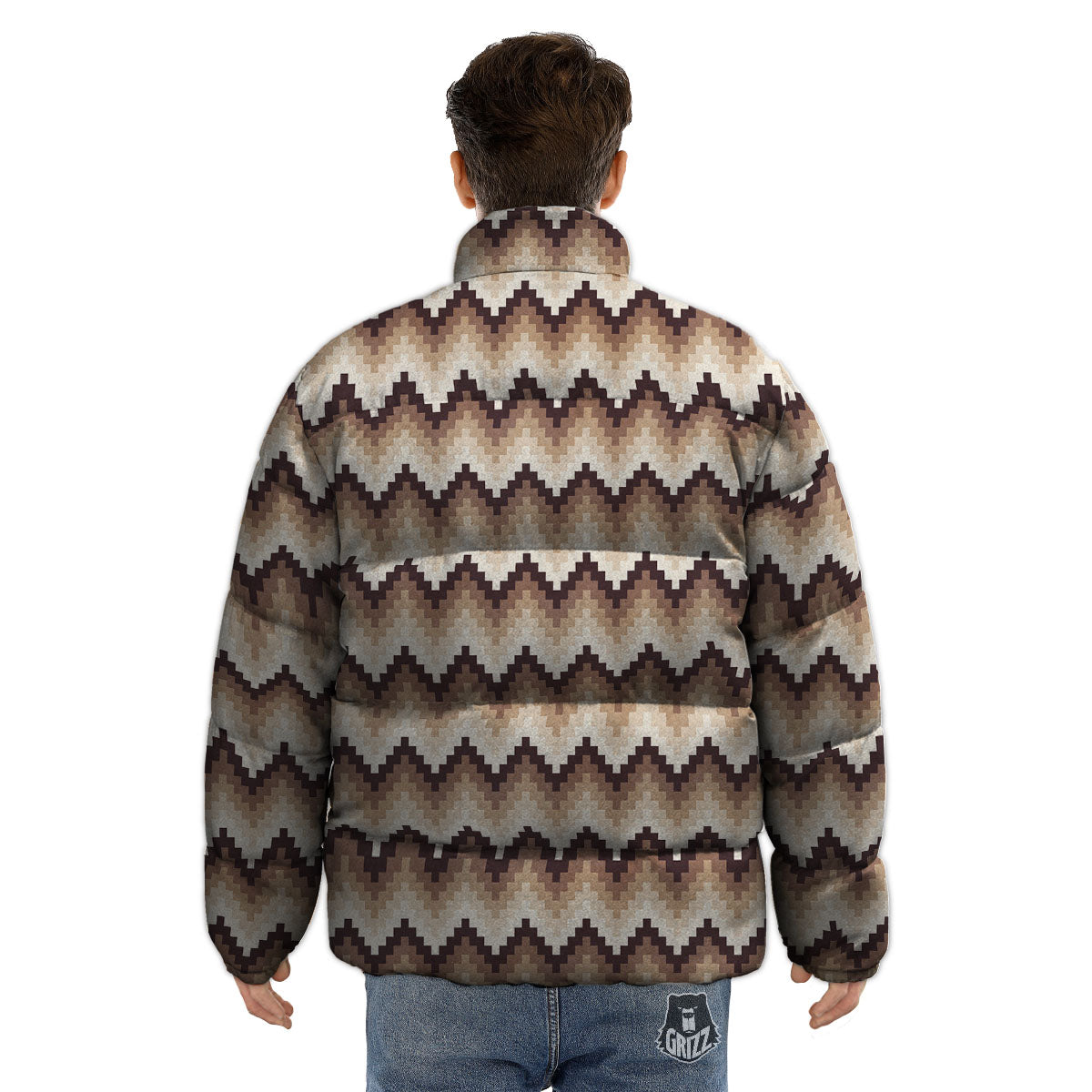 Zigzag Pixel Print Pattern Puffer Jacket-grizzshop