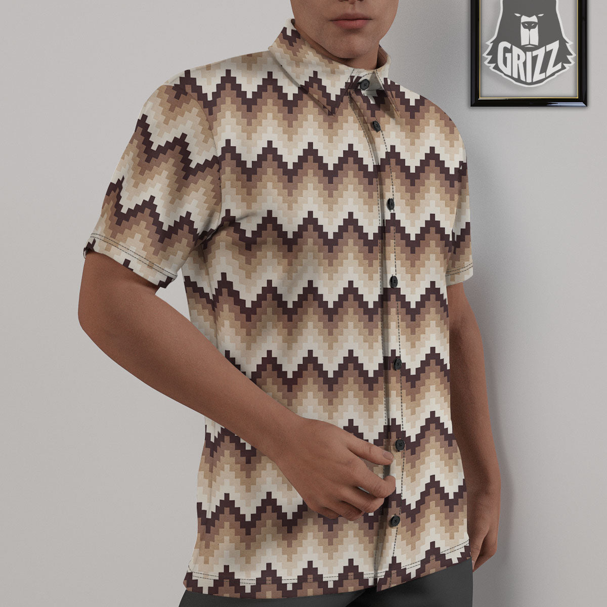 Zigzag Pixel Print Pattern Untucked Shirts-grizzshop