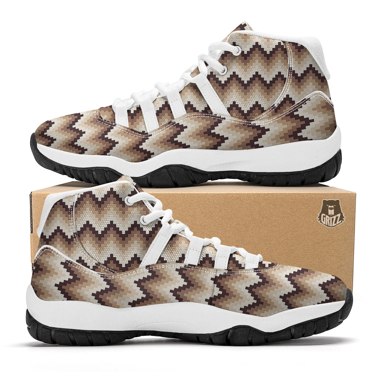 Zigzag Pixel Print Pattern White Bball Shoes-grizzshop