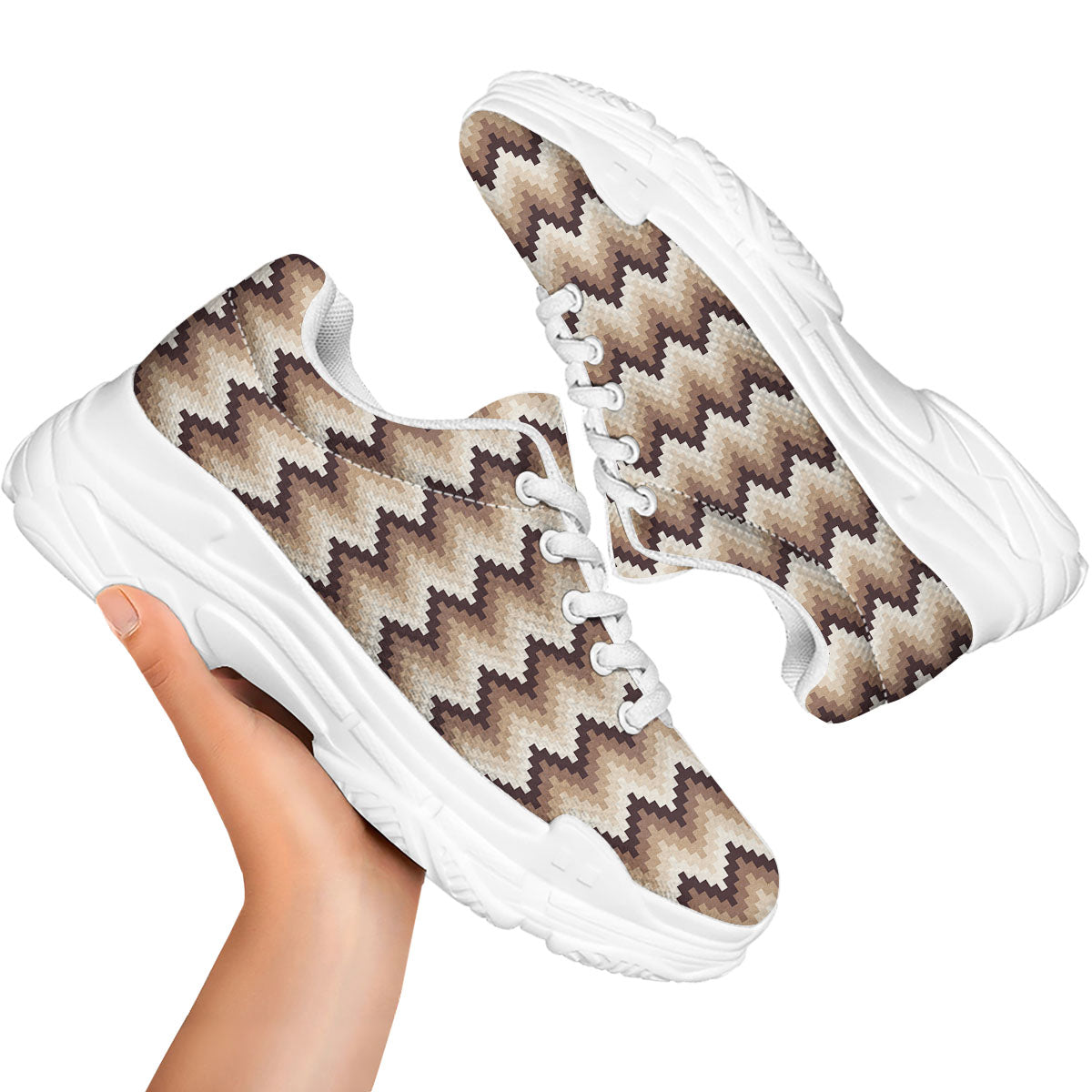 Zigzag Pixel Print Pattern White Chunky Shoes-grizzshop