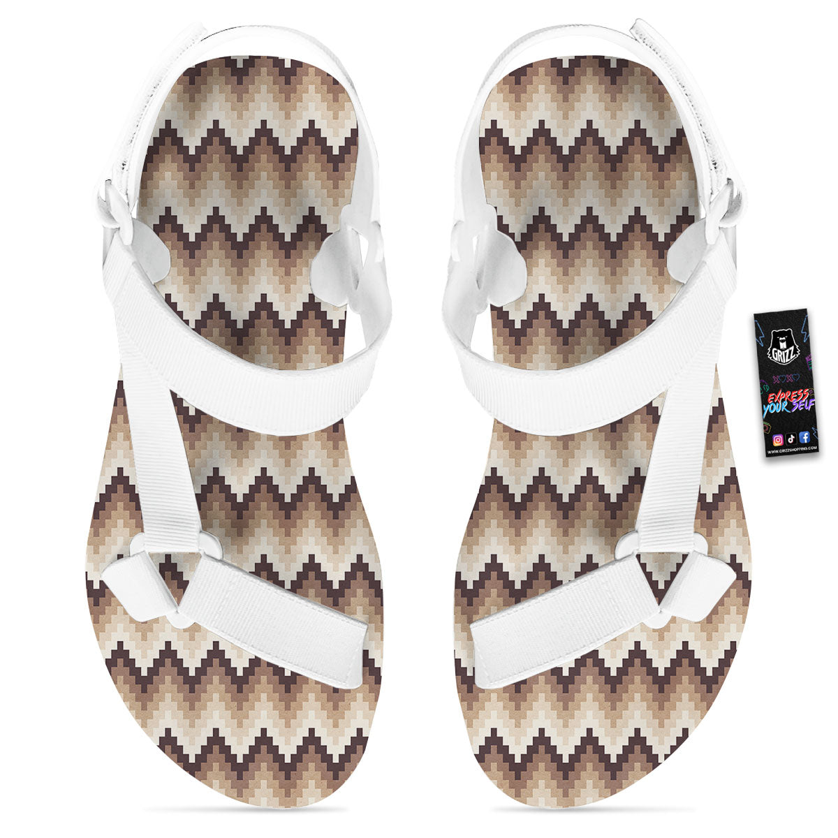 Zigzag Pixel Print Pattern White Open Toe Sandals-grizzshop