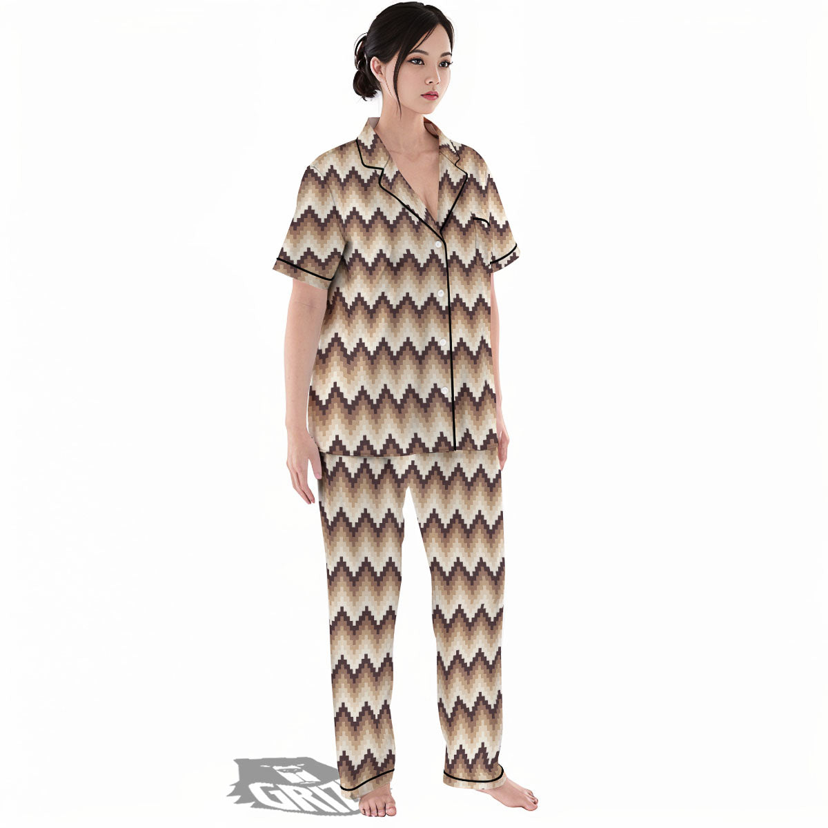Zigzag Pixel Print Pattern Women's Pajamas Set-grizzshop